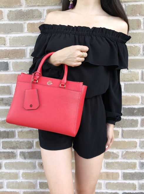 Tory Burch Robinson Small Double-Zip Satchel Bag Poppy Orange Red