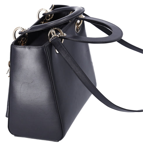 Christian Dior Lady Dior Medium Bag Handbag Black Blue Calf Skin