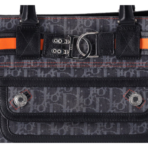 Christian Dior Flight Handbag Dark Gray Orange Multi Denim Leather