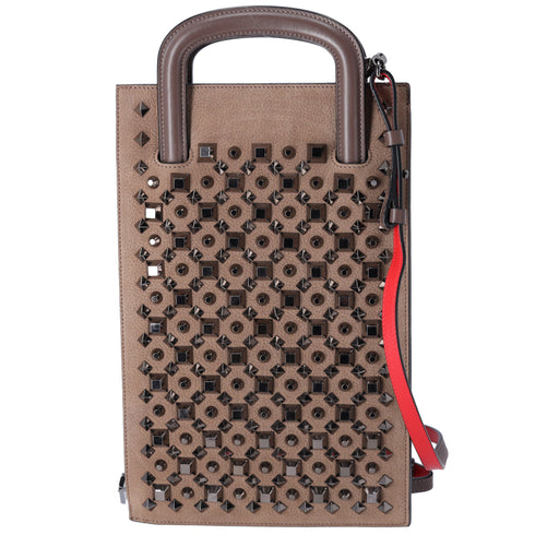 Christian Louboutin Trictrac Handbag Gray Beige Leather Studded