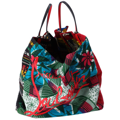 Christian Louboutin Africaba Tote Bag Black Red Multi Jacquard Cotton Leather