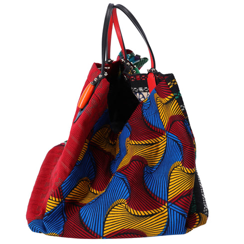 Christian Louboutin Africaba Tote Bag Black Red Multi Jacquard Cotton Leather