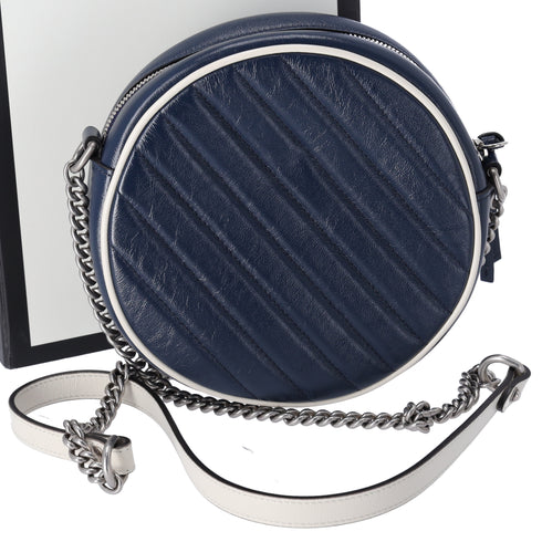 GUCCI GG Marmont Round Shoulder Bag 550154 Navy White Leather