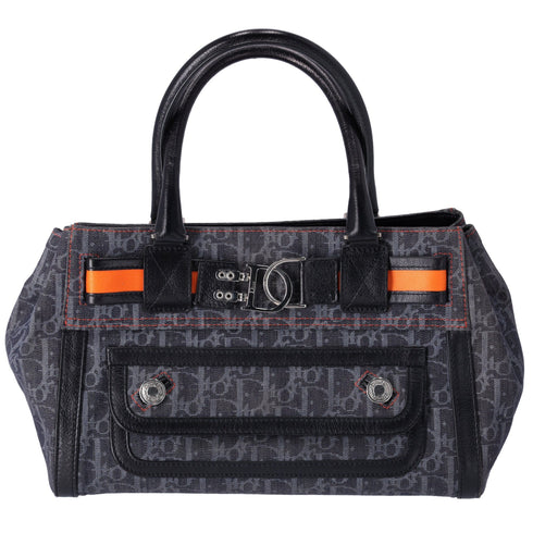 Christian Dior Flight Handbag Dark Gray Orange Multi Denim Leather Dior Handbags