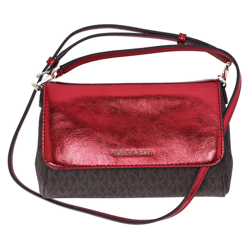 Michael Kors Jet Set Medium Convertible Pouchette Crossbody Brown Red Metallic Michael Kors Handbags & Purses