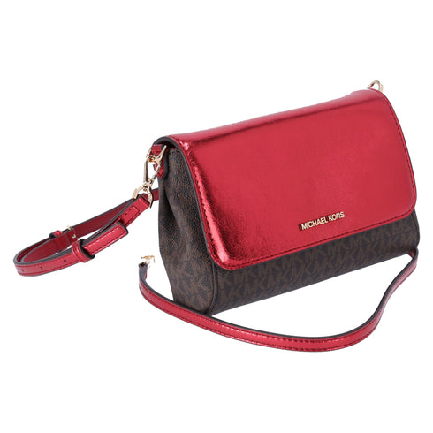 Michael Kors Jet Set Medium Convertible Pouchette Crossbody Brown Red Metallic Michael Kors Handbags & Purses