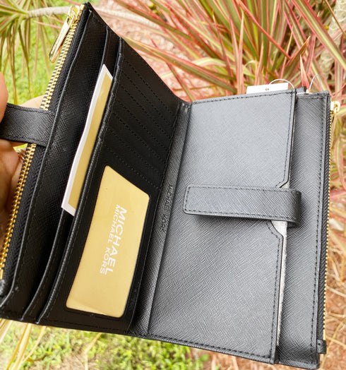 Michael Kors Jet Set Travel Double Zip Wristlet Leather Phone Case Wallet Black Michael Kors Wallets