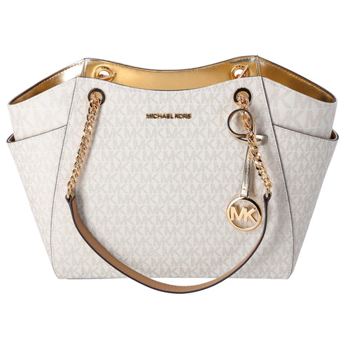 Michael Kors Jet Set Travel Large Chain Shoulder Tote Pale Gold MK Signature Michael Kors Handbags