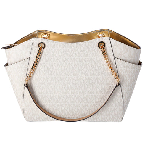 Michael Kors Jet Set Travel Large Chain Shoulder Tote Pale Gold MK Signature Michael Kors Handbags