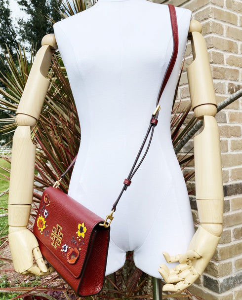 Tory Burch Britten Embellished Combo Crossbody Pebbled Leather Blood Red Floral Tory Burch Handbags & Purses