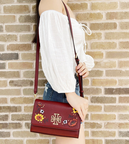Tory Burch Britten Embellished Combo Crossbody Pebbled Leather Blood Red Floral Tory Burch Handbags & Purses